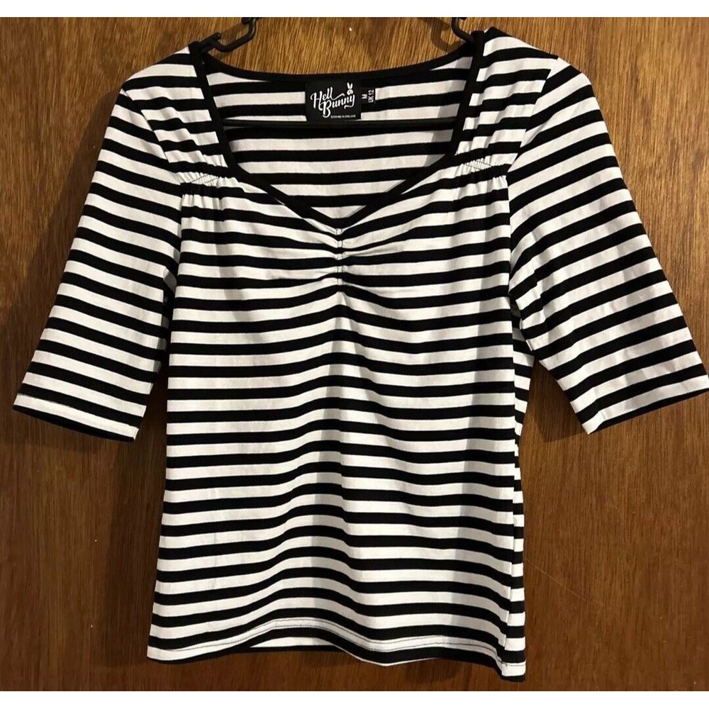 Hell Bunny Top Size M Black Striped T Shirt Blouse Y2K Rockabilly Stretch